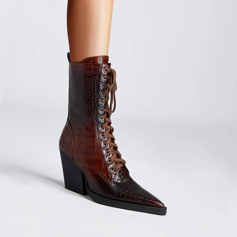 Ladies' Lace-Up Boots with Croc Pattern – Western Style with Pointed Toe