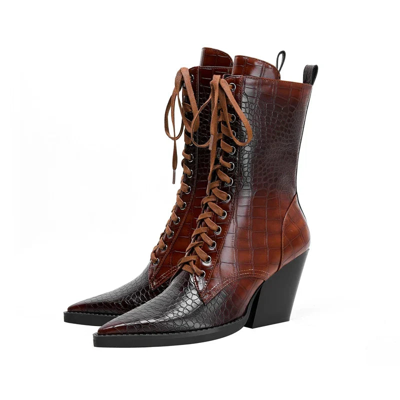 Ladies' Lace-Up Boots with Croc Pattern – Western Style with Pointed Toe