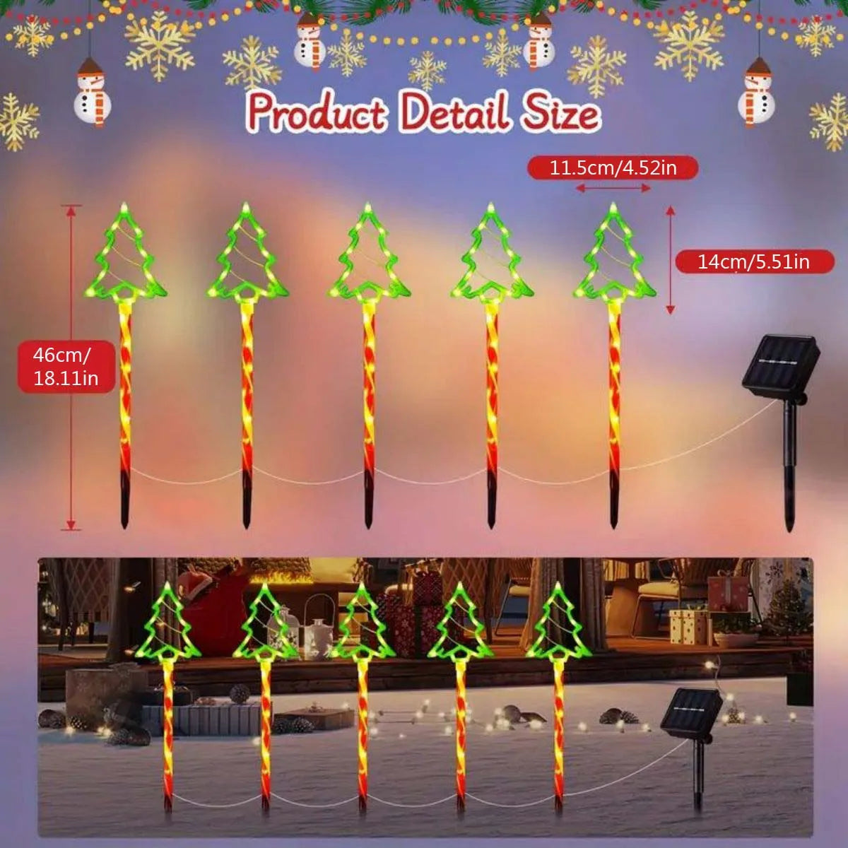 Set of 5 Solar Christmas Tree Lights - Cheerful Outdoor Lighting for the Holidays