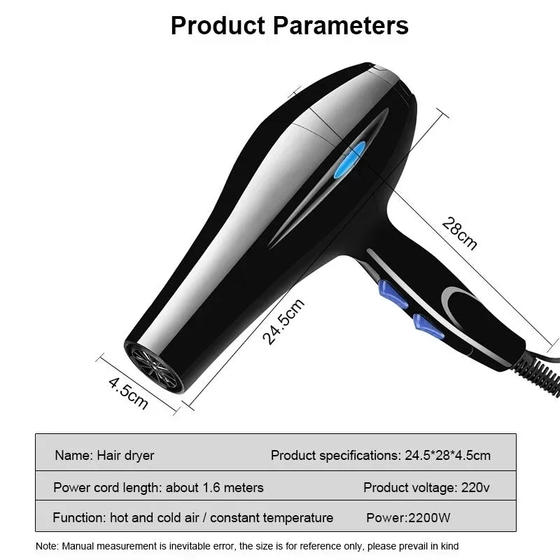 2200W Professional Hair Dryer – Powerful Fast Heating with Warm and Cold Settings