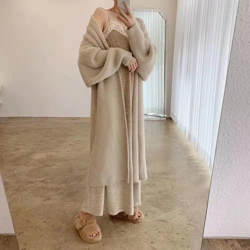 Long Fluffy Cardigan for Women – Soft Cashmere Blend in Neutral Tones