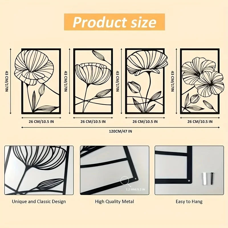 Floral Elegance Wall Decoration – Four-Piece Flower Art