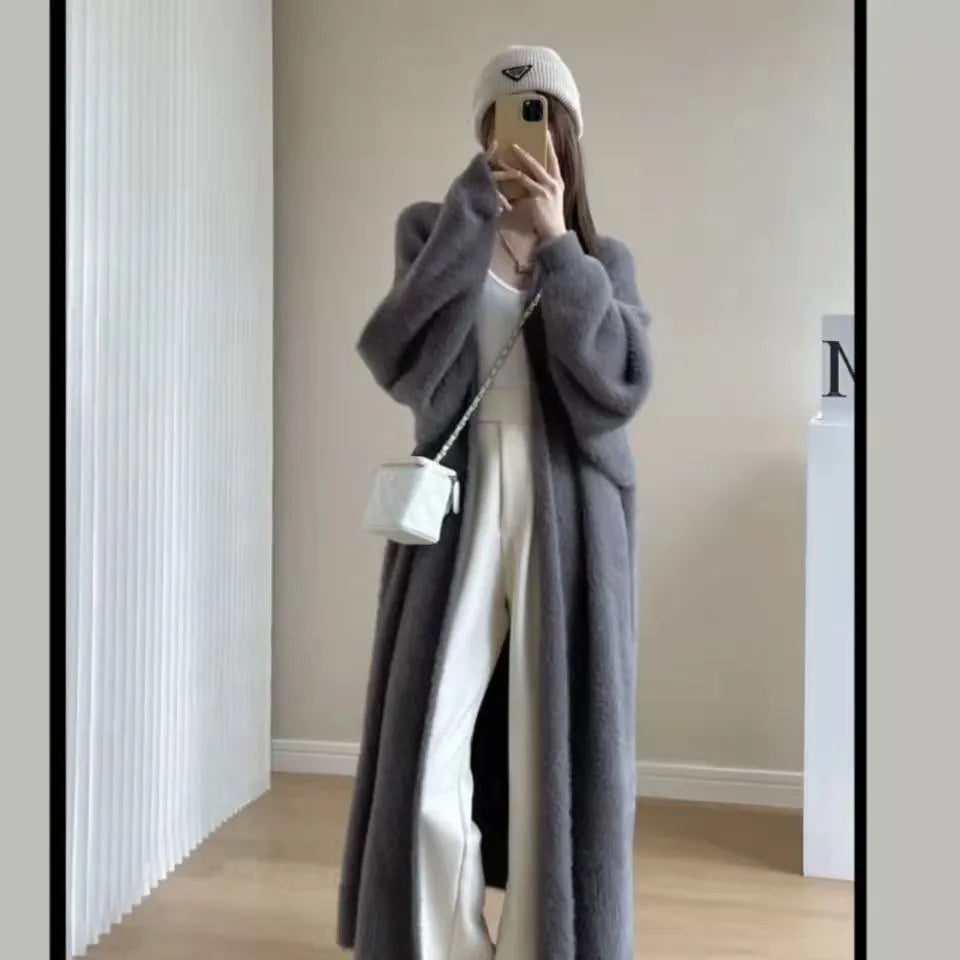 Long Fluffy Cardigan for Women – Soft Cashmere Blend in Neutral Tones