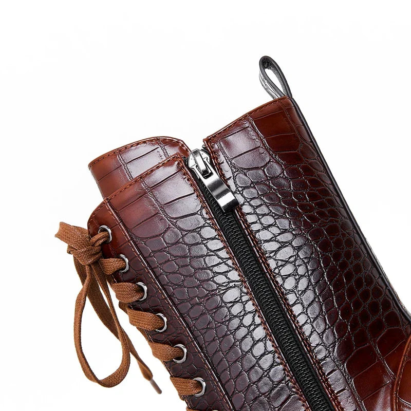 Ladies' Lace-Up Boots with Croc Pattern – Western Style with Pointed Toe