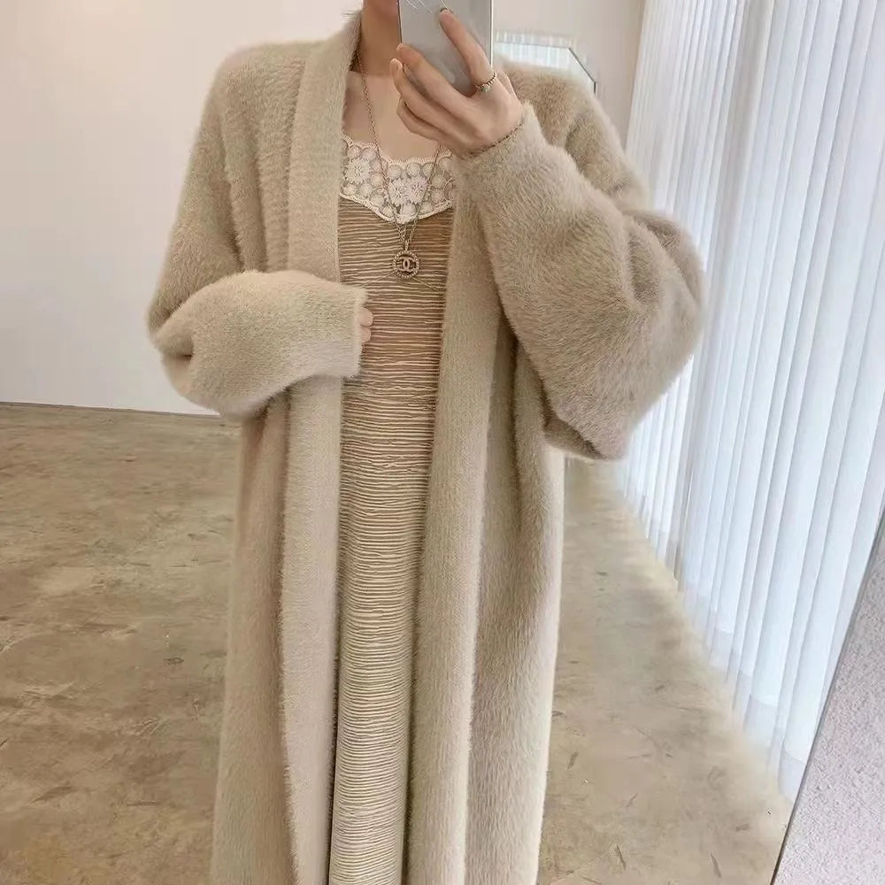 Long Fluffy Cardigan for Women – Soft Cashmere Blend in Neutral Tones