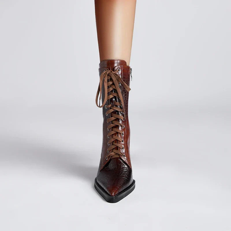 Ladies' Lace-Up Boots with Croc Pattern – Western Style with Pointed Toe