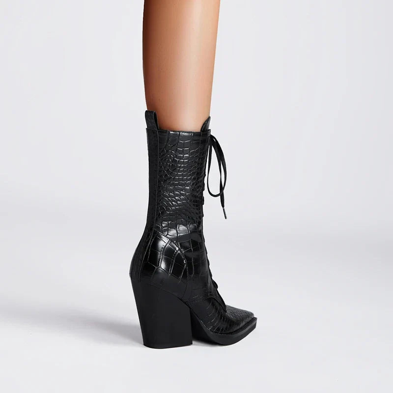 Ladies' Lace-Up Boots with Croc Pattern – Western Style with Pointed Toe