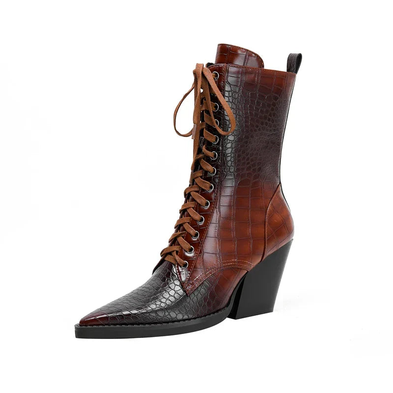 Ladies' Lace-Up Boots with Croc Pattern – Western Style with Pointed Toe