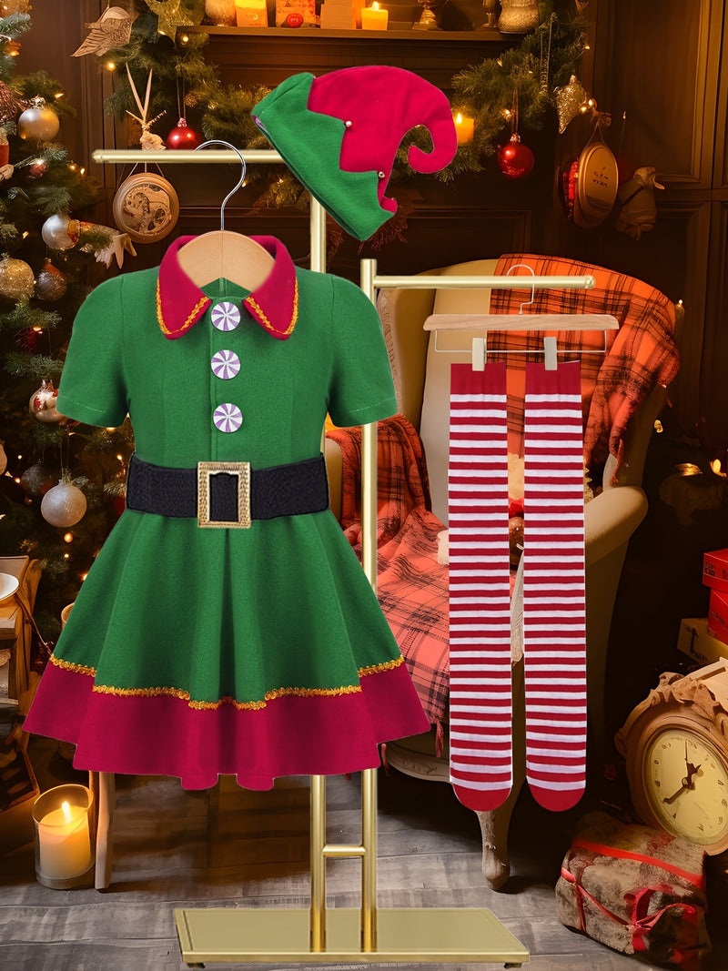 Mila's Magical Christmas Elf Outfit for Kids - Includes Dress, Hat, Socks, and Belt