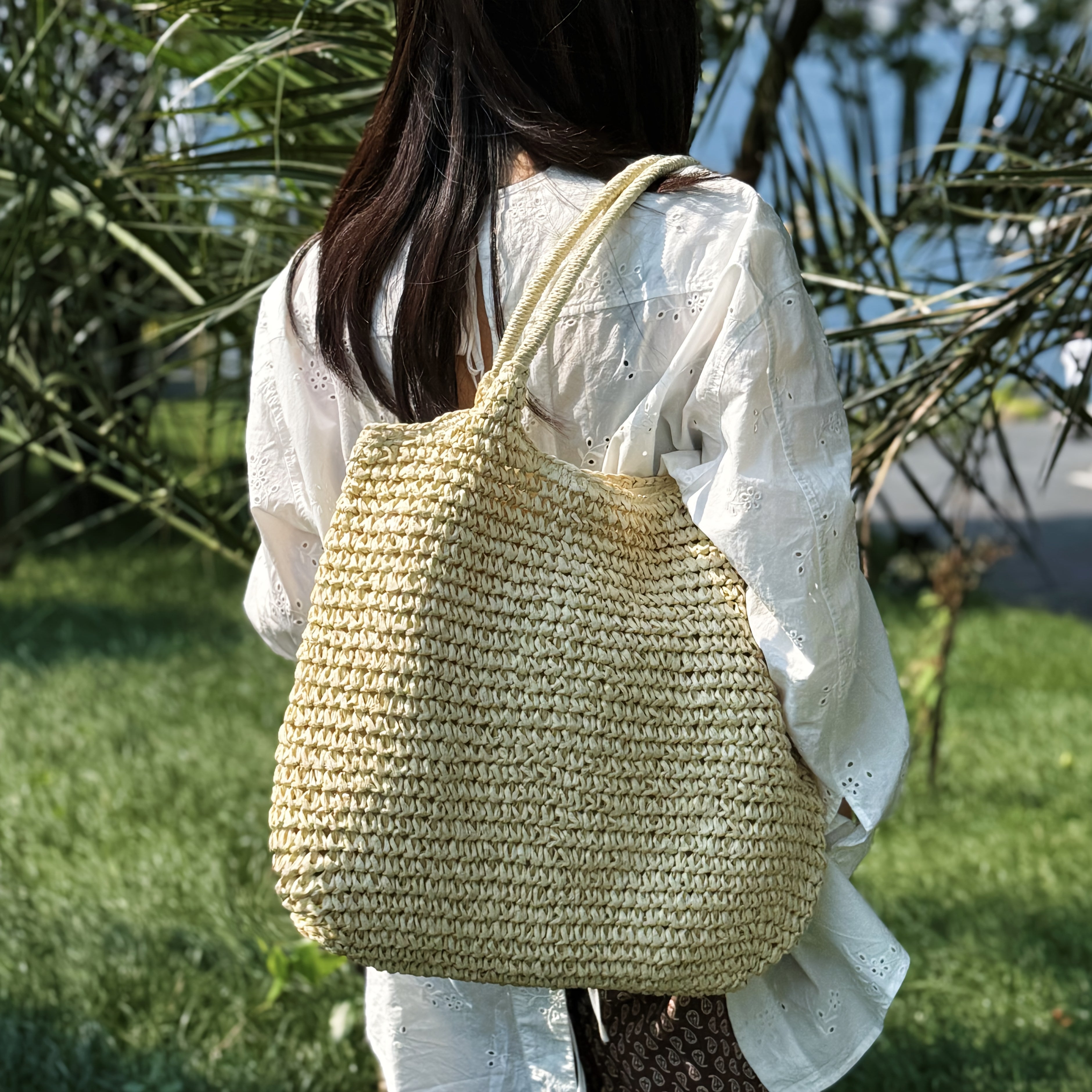 Ladies Large Capacity Woven Tote Bag with Zipper