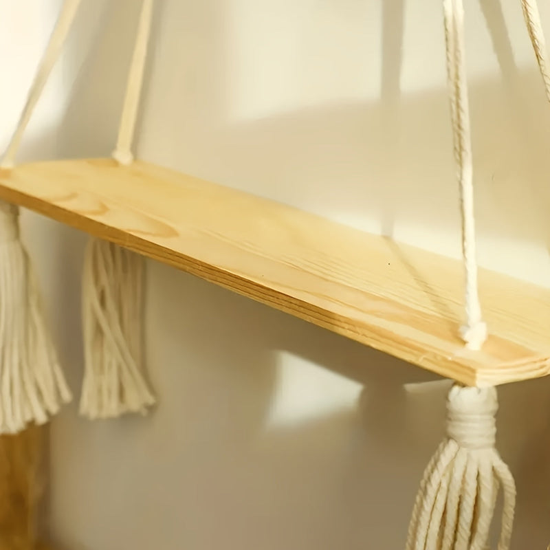 Boho Macramé Wall Shelf – Handmade Wooden Shelf with Rope Design for a Cozy Interior