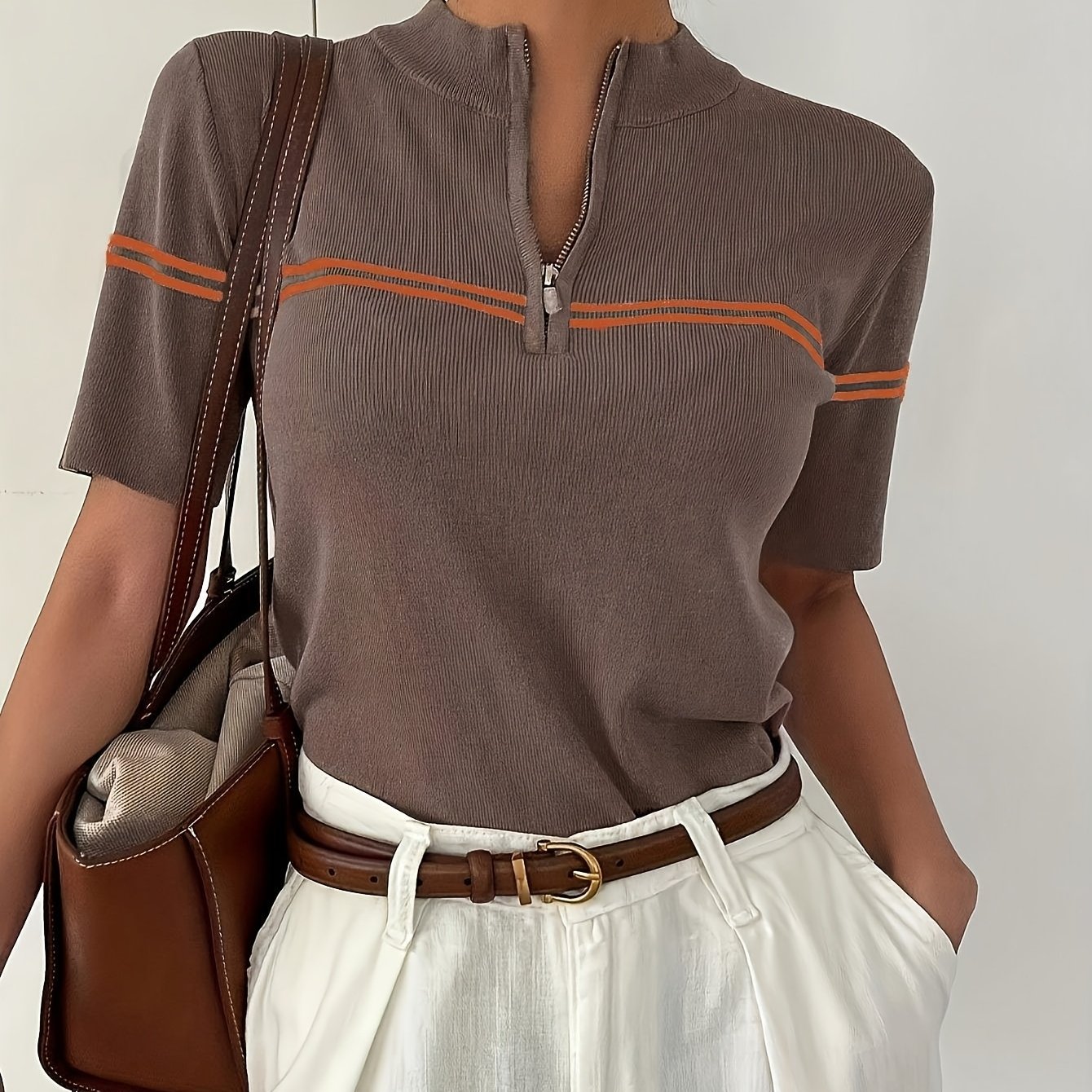 Ladies Striped Polo Shirt with Zipper Detail – Lightweight Summer Casual Top