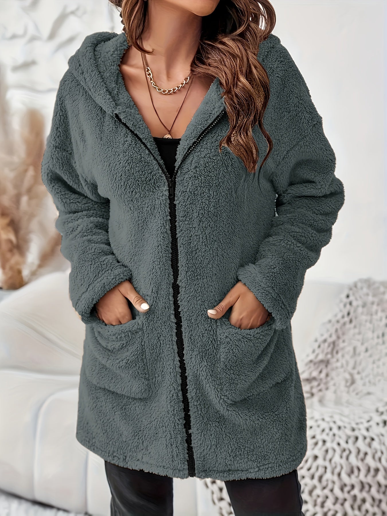 Soft Plush Winter Jacket with Zipper and Patch Pockets - Warm and Comfortable Jacket for Cold Days