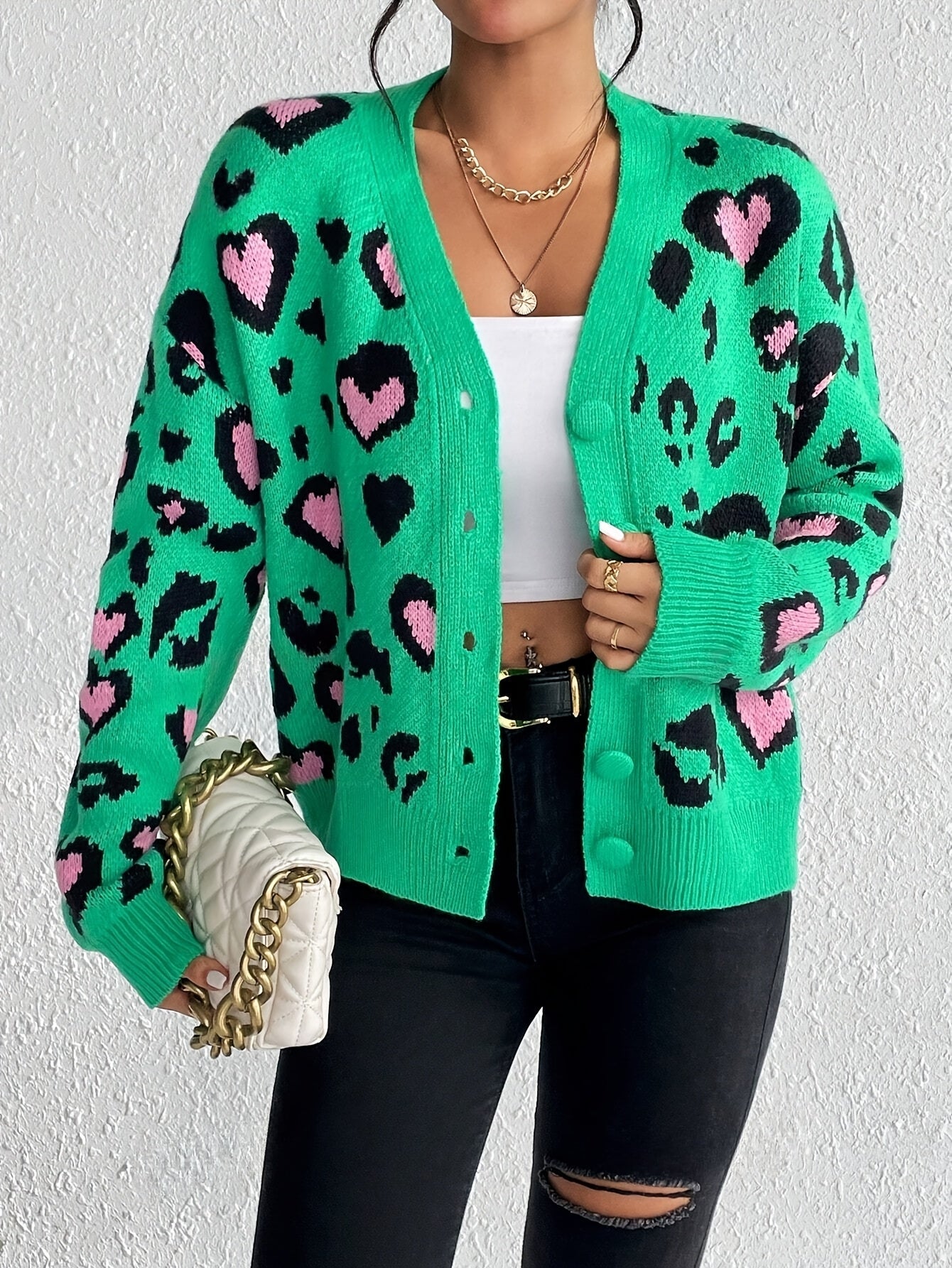 Ladies Leopard Print Love Cardigan – Cheerful and Comfortable for Spring and Autumn