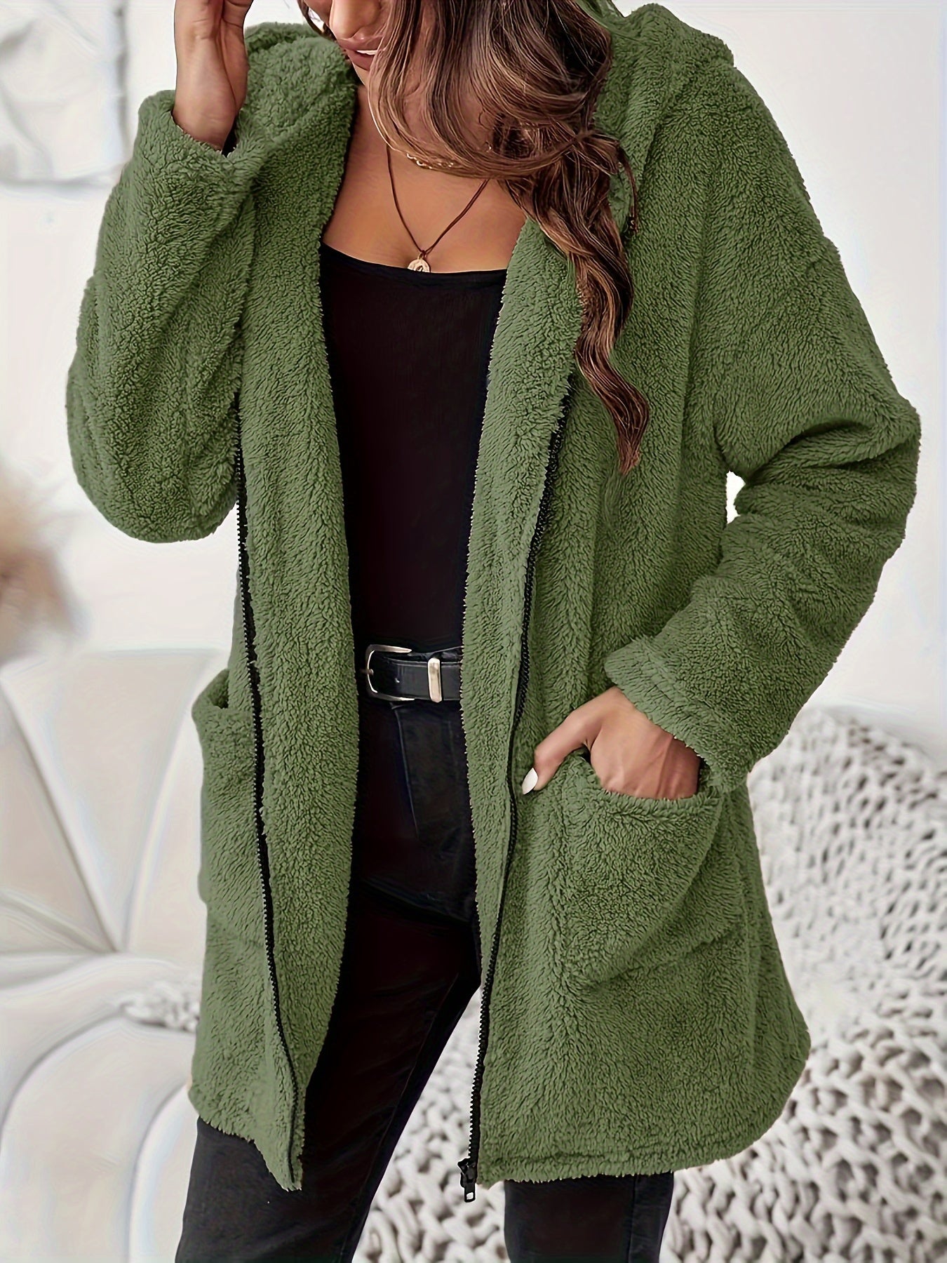 Soft Plush Winter Jacket with Zipper and Patch Pockets - Warm and Comfortable Jacket for Cold Days