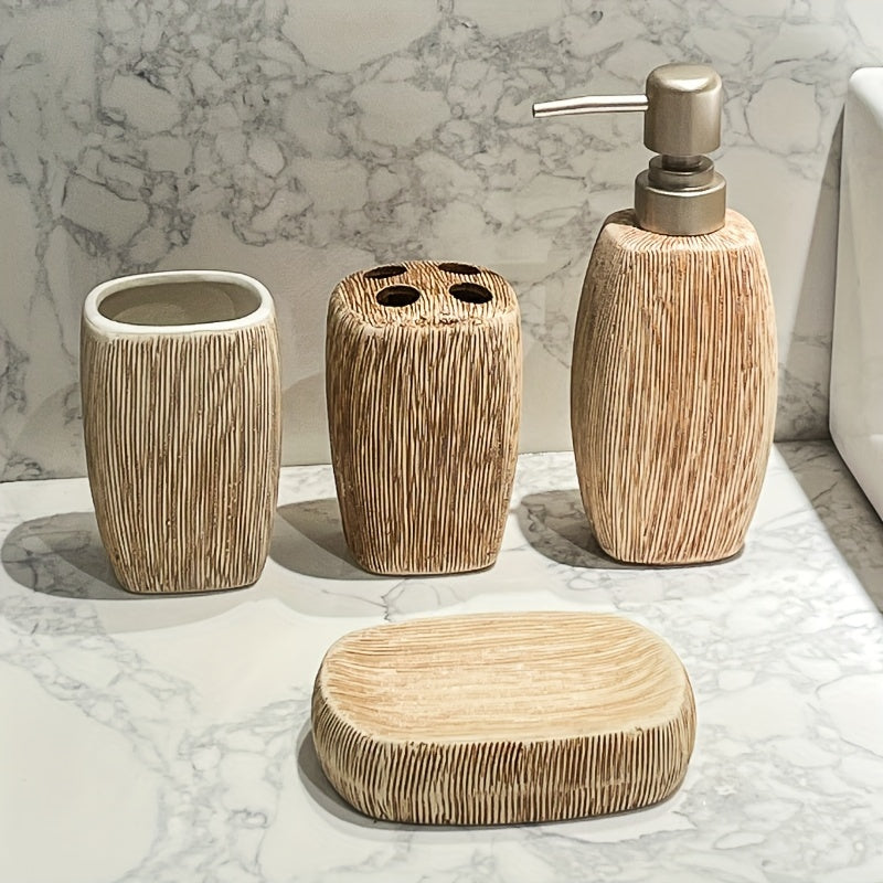 Wood Grain Style Ceramic Bathroom Set – Luxury Accessories for a Natural Touch in Your Bathroom