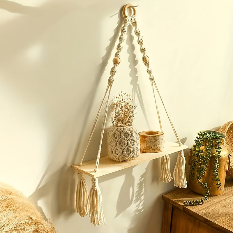 Boho Macramé Wall Shelf – Handmade Wooden Shelf with Rope Design for a Cozy Interior
