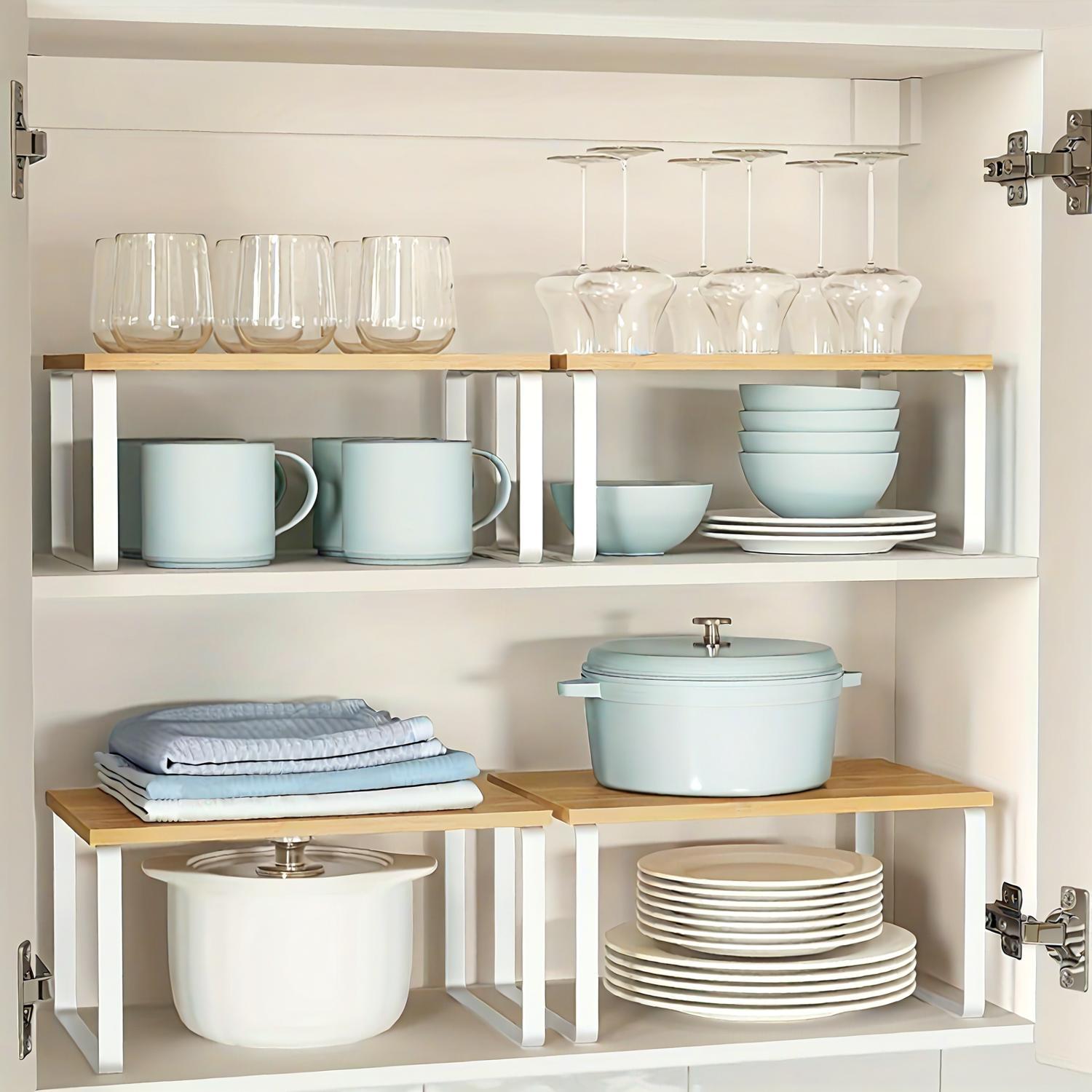 2-Piece Adjustable Bamboo Storage Racks – Stylish and Space-Saving for Cabinets or Countertops