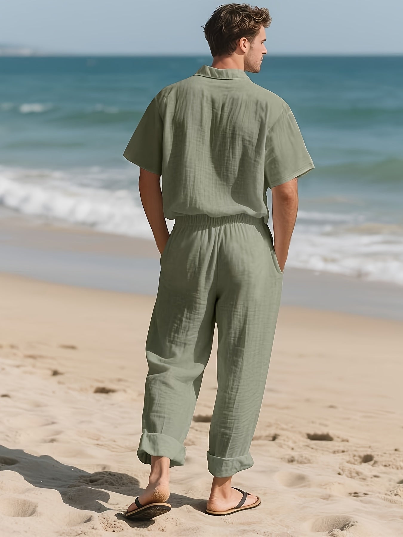 Men's Casual Linen Set – Comfortable and Breezy with Long Pants and Short Sleeves