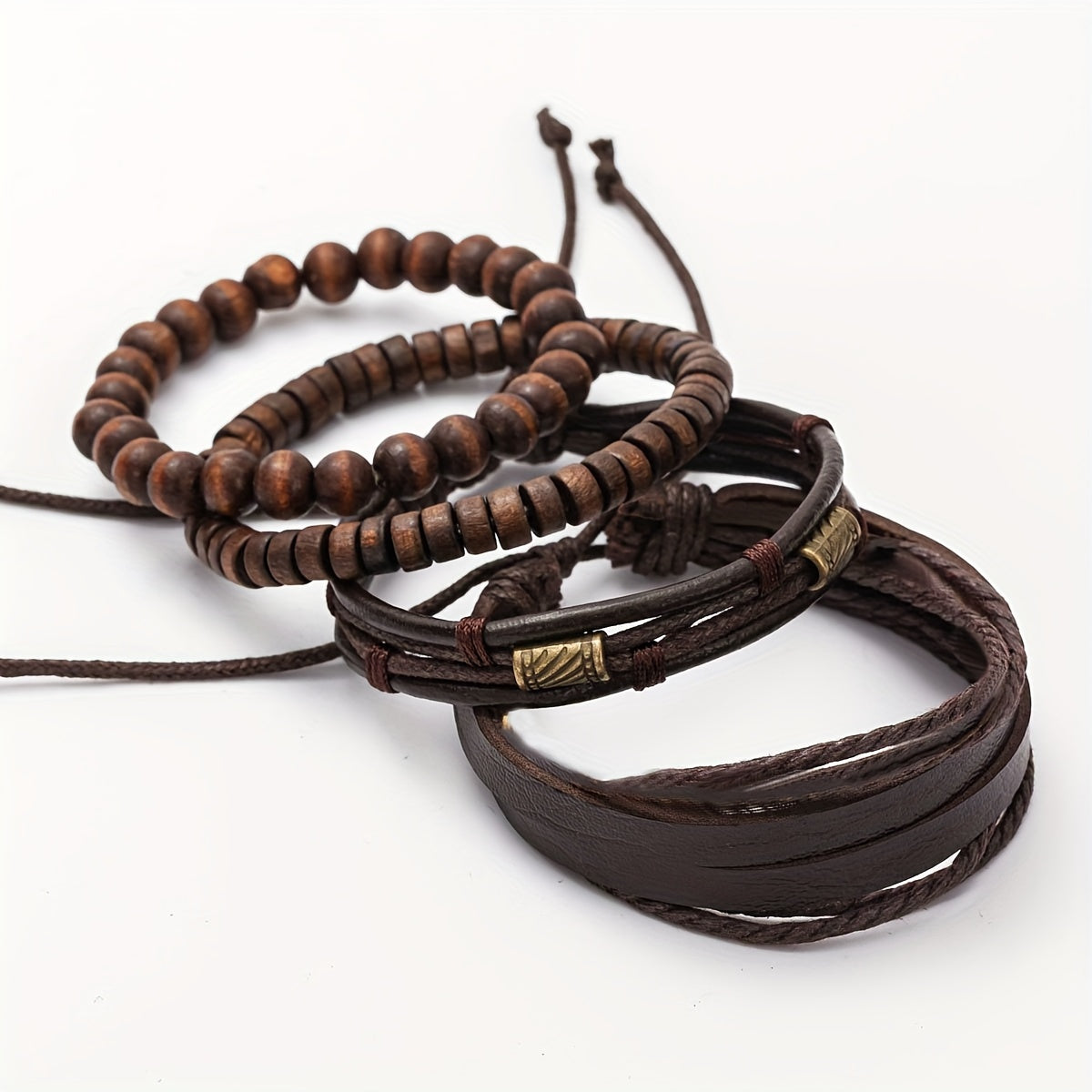 Stylish Leather and Wooden Bracelets Set - For the Modern Man
