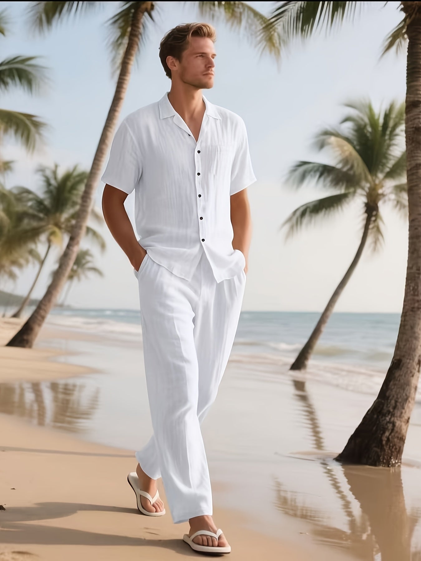 Men's Casual Linen Set – Comfortable and Breezy with Long Pants and Short Sleeves