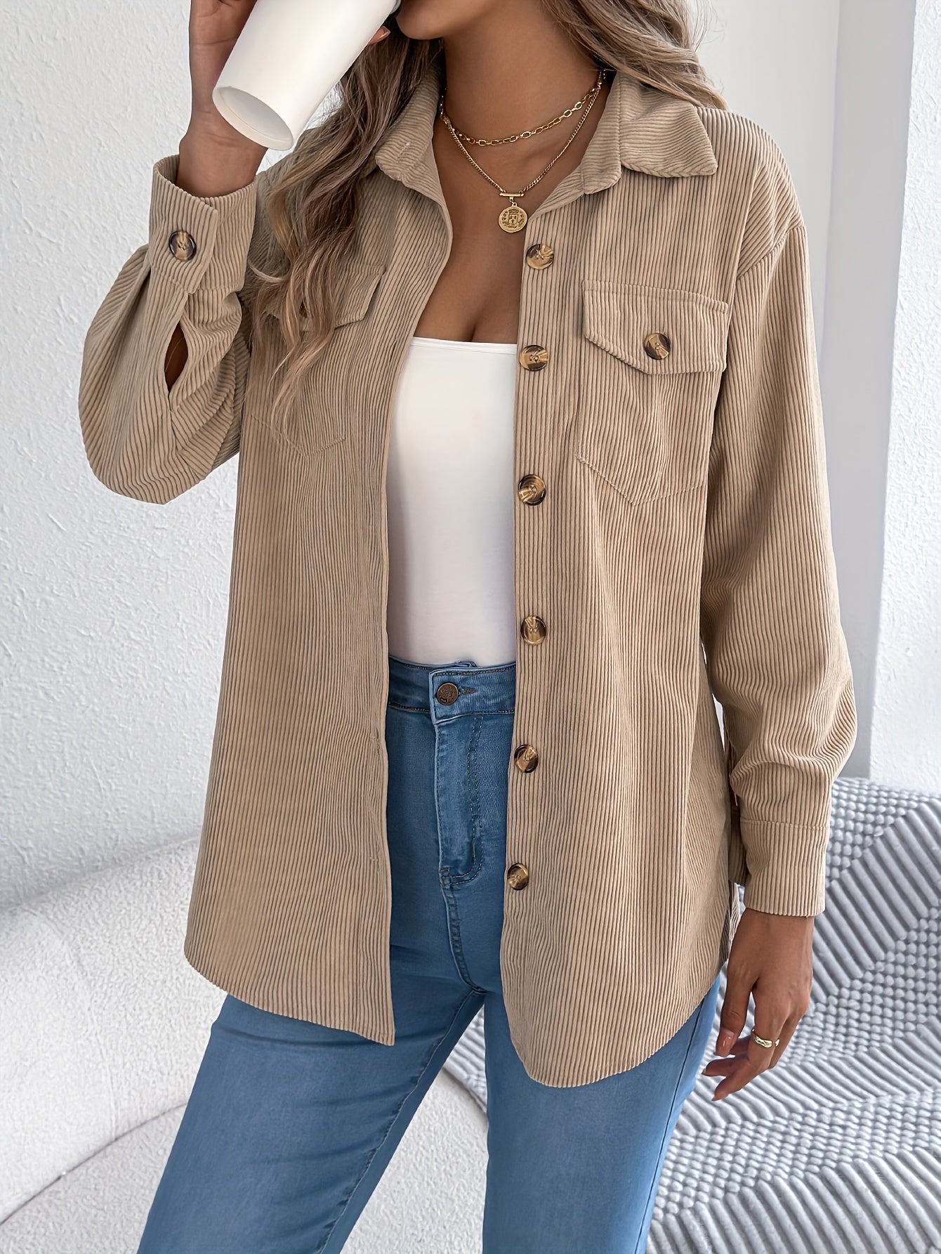 Casual Corduroy Jacket for Women – Long Sleeves and Classic Collar, Perfect for Fall and Winter