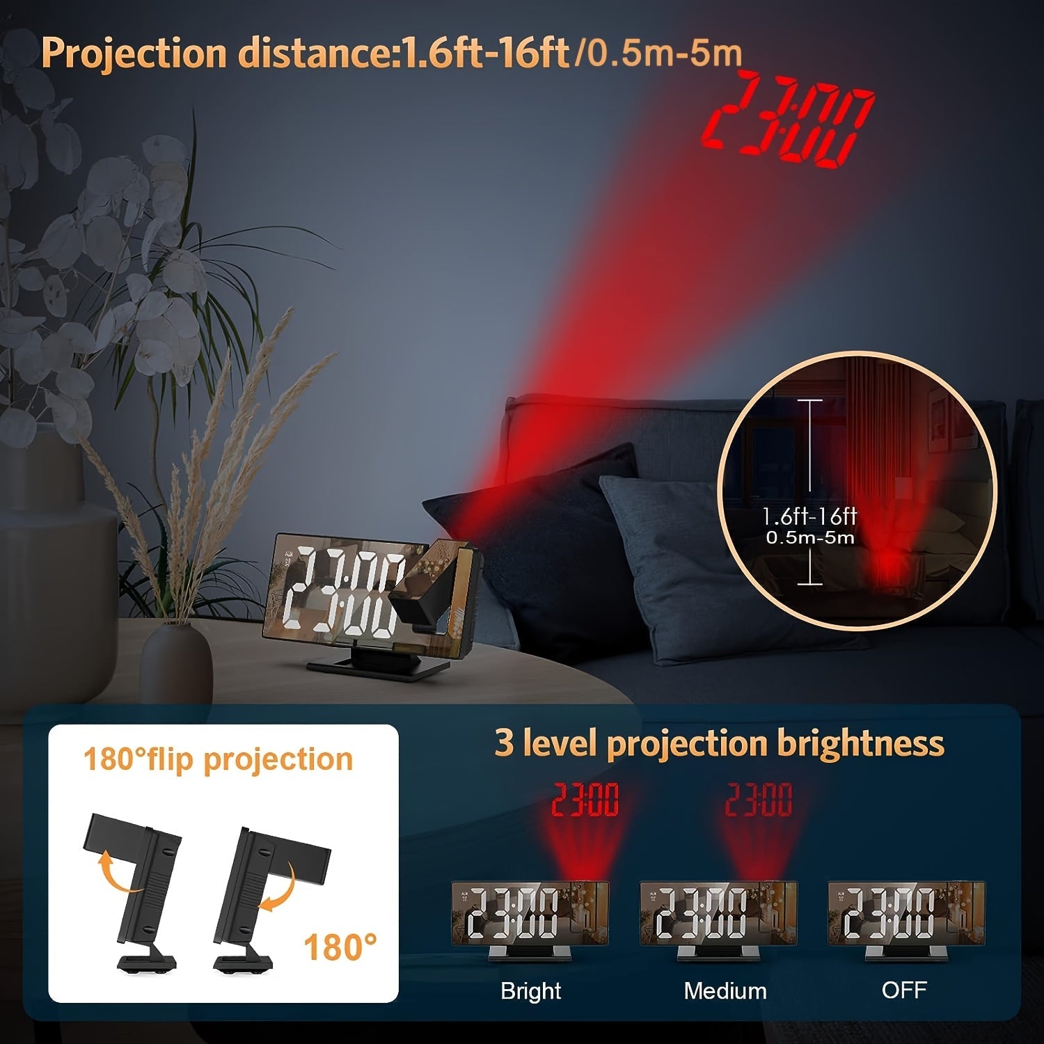 LED Projection Alarm Clock with 180° Adjustable Projection – Clear Display and Snooze Function for Bedroom or Office