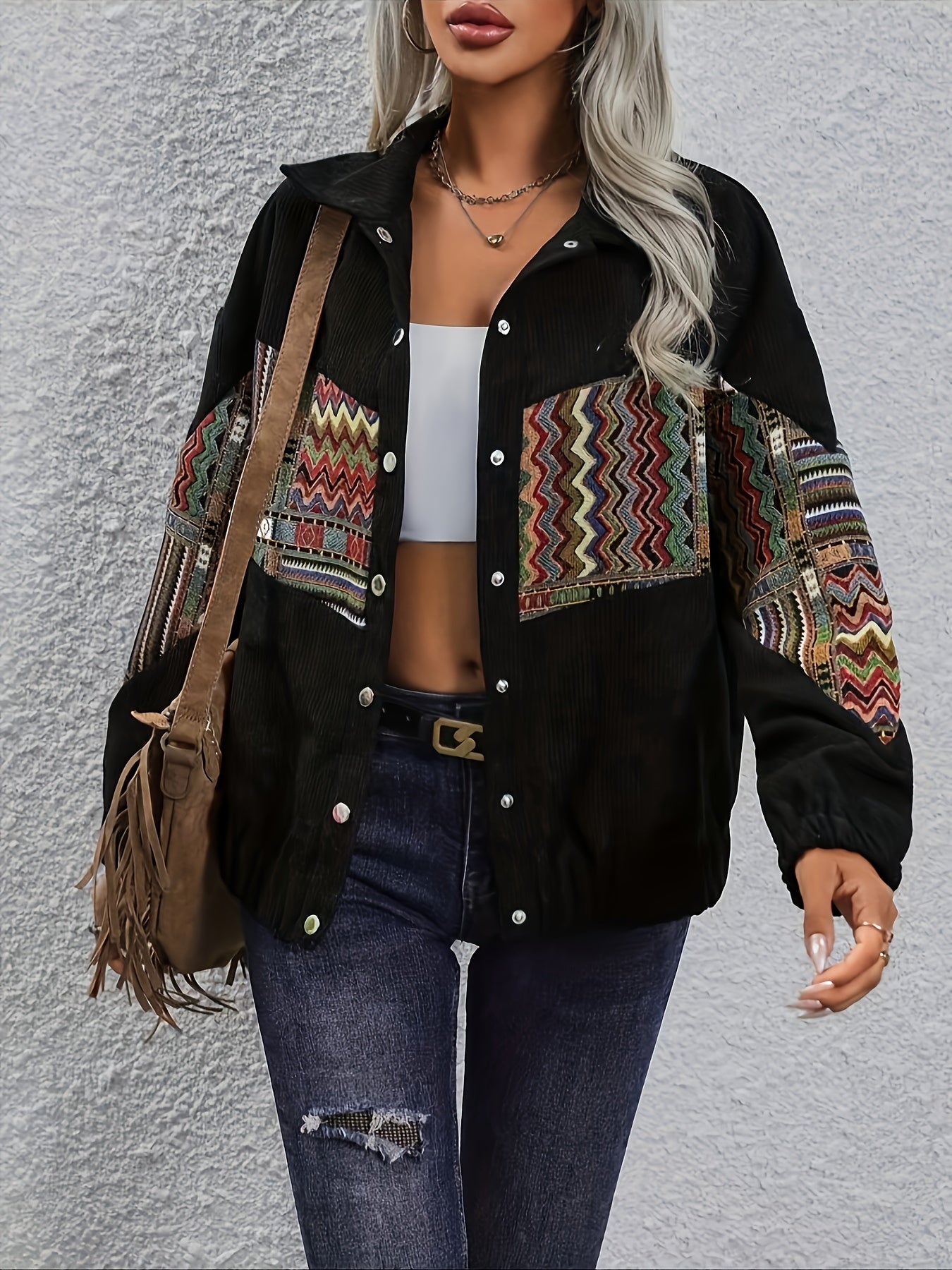 Tribal Print Corduroy Jacket – Cheerful and Stylish for Spring and Autumn