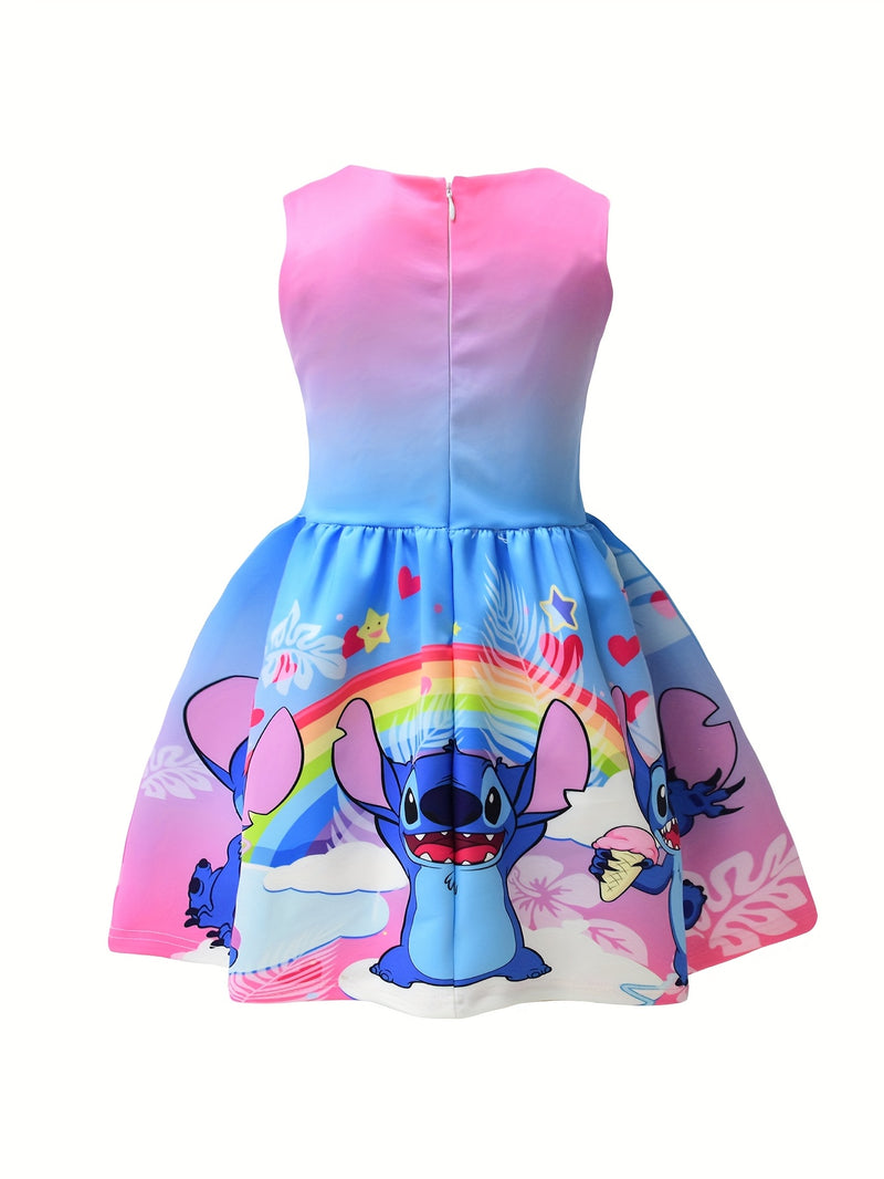 Disney Stitch Girls Sleeveless Round Neck Dress with Bow & Floral Print - Lightweight Polyester Spandex