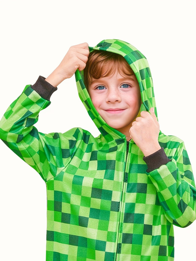 Minecraft Inspired Green Checkered Onesie for Kids – Perfect for Halloween and Parties