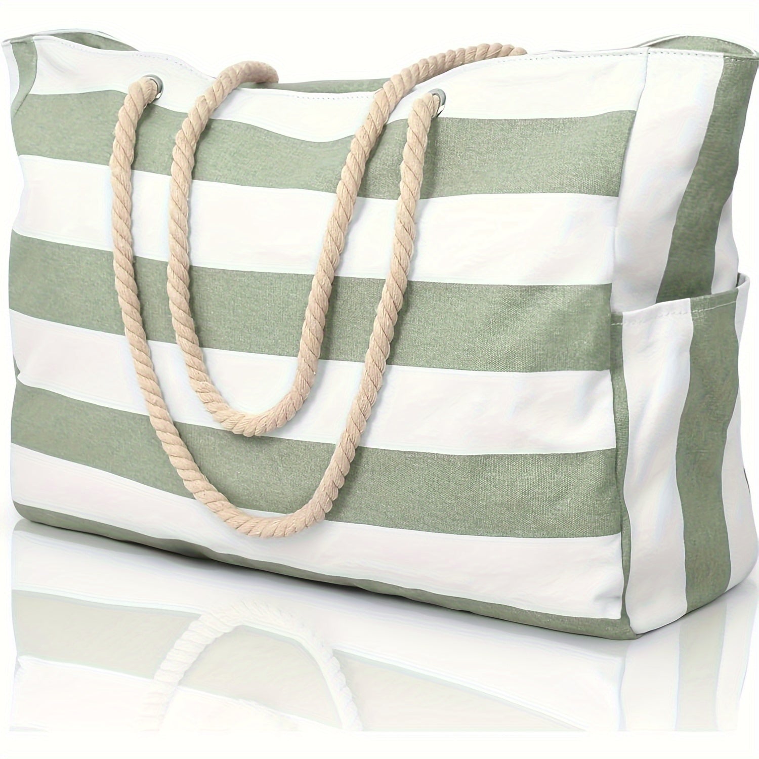 Striped Large Capacity Beach Bag – Durable Polyester with Zip