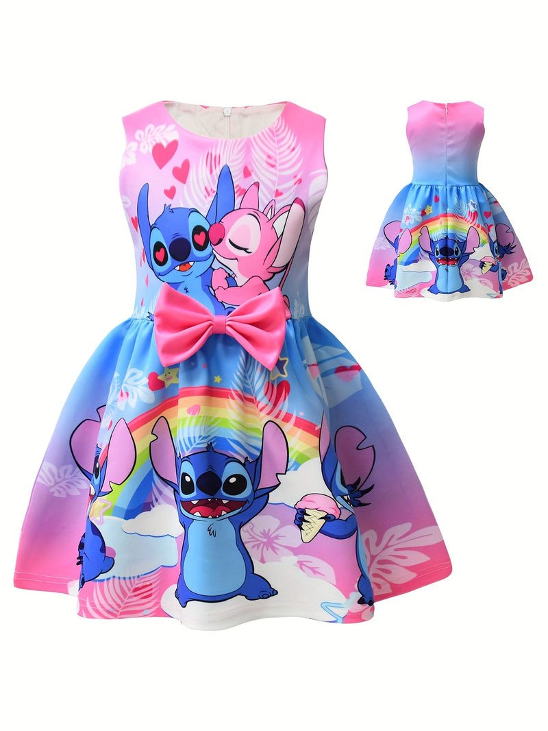 Disney Stitch Girls Sleeveless Round Neck Dress with Bow & Floral Print - Lightweight Polyester Spandex