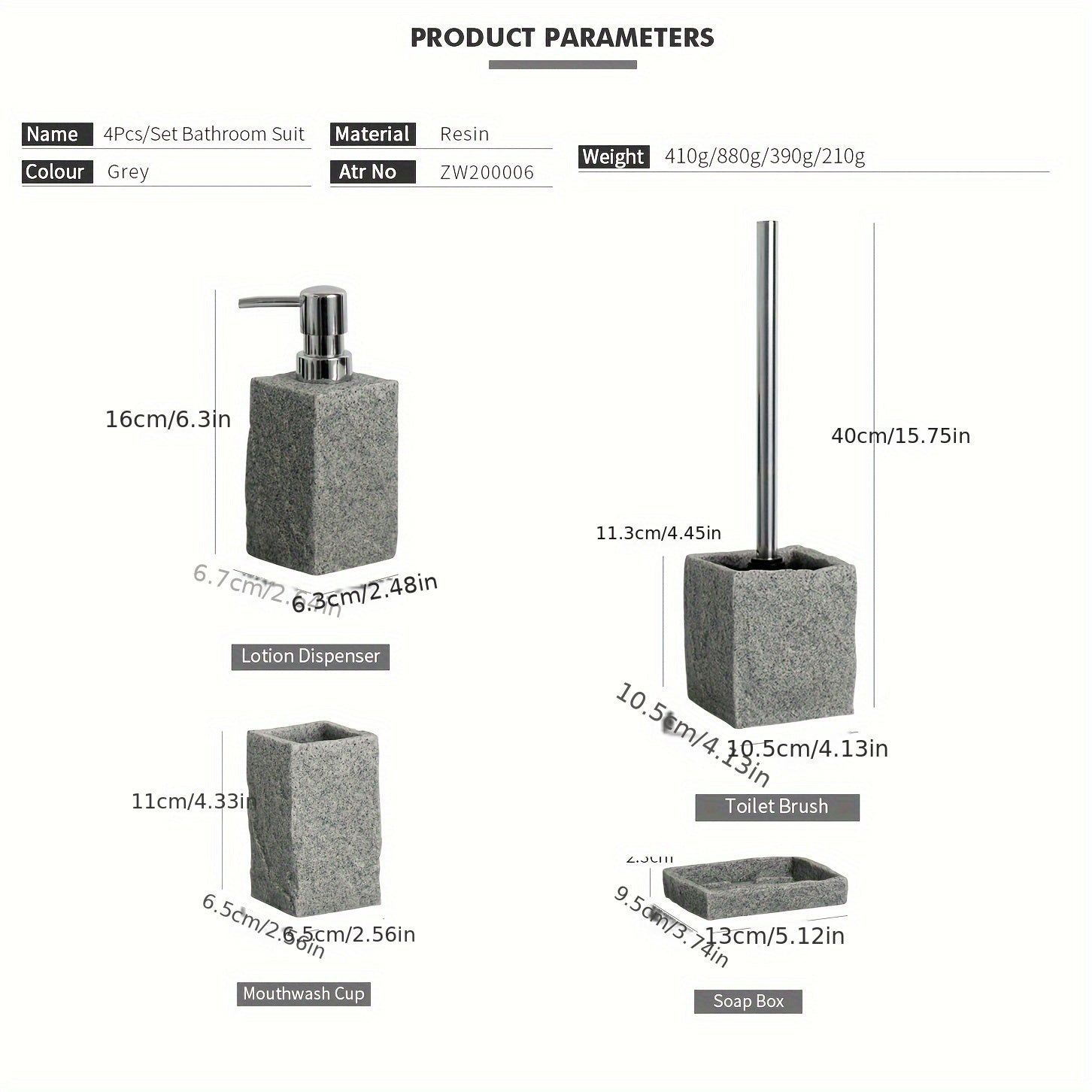 Gray Resin Bathroom Set – Luxury Set of 4 Pieces for an Elegant Bathroom