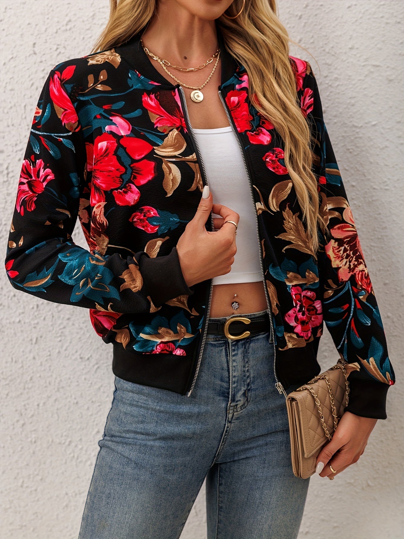 Elegant Floral Bomber Jacket – Trendy and Comfortable for Spring and Autumn