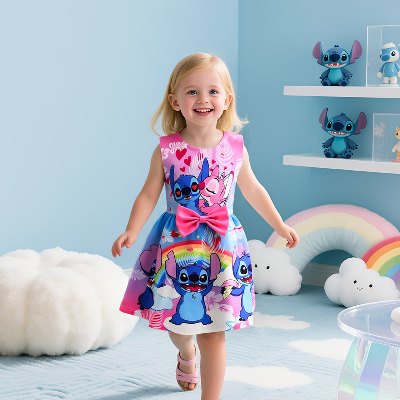 Disney Stitch Girls Sleeveless Round Neck Dress with Bow & Floral Print - Lightweight Polyester Spandex