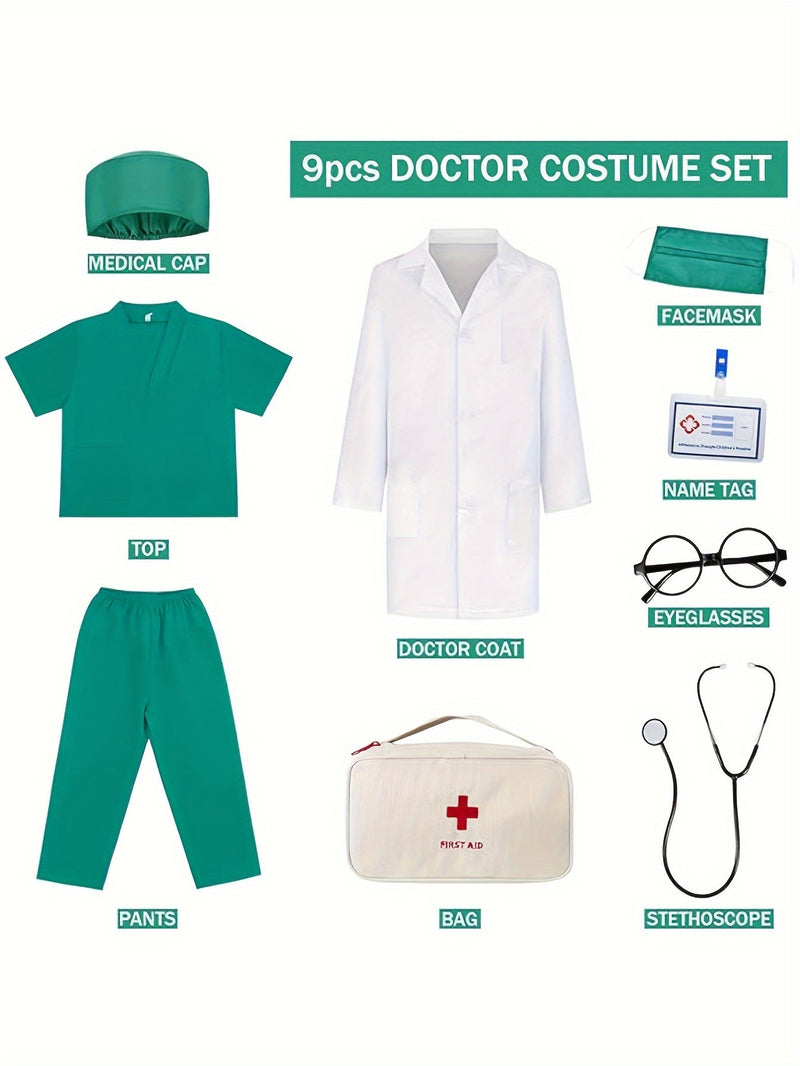 Kids Doctor Costume Set – 9-Piece Set with Stethoscope and First Aid Bag