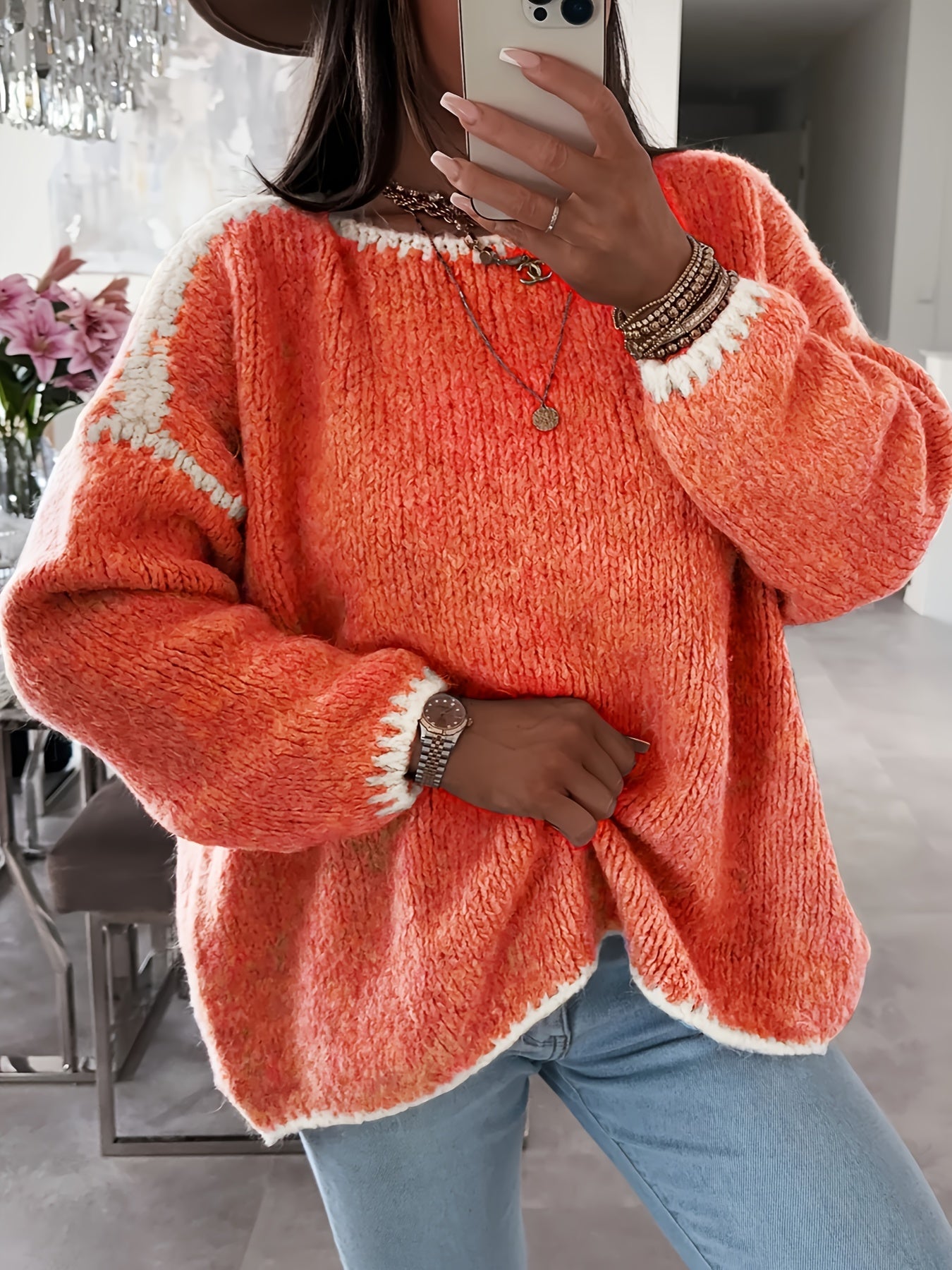 Off-The-Shoulder Color Block Sweater - Casual and Comfortable for Autumn and Winter