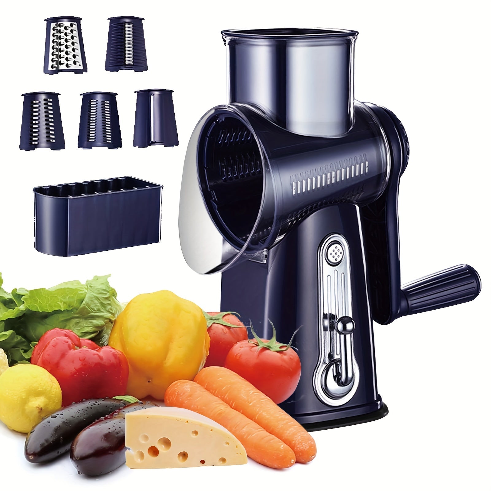 Multifunctional Rotating Kitchen Grater – 5-in-1 Cheese Grater and Vegetable Slicer with Non-Slip Base