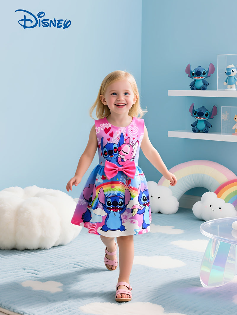 Disney Stitch Girls Sleeveless Round Neck Dress with Bow & Floral Print - Lightweight Polyester Spandex