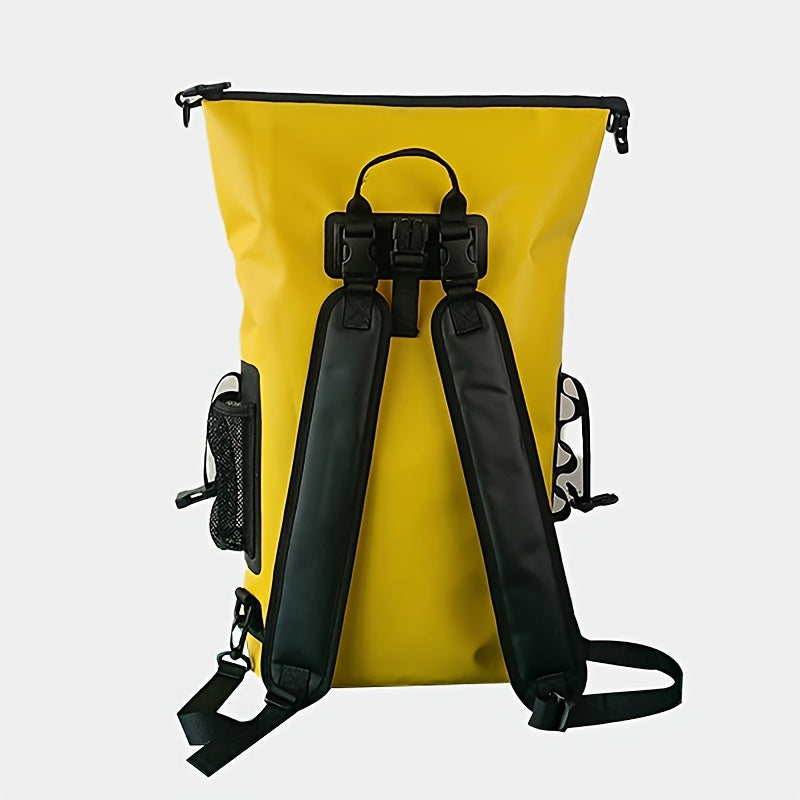 Waterproof 25L Roll-Top Backpack with Multiple Pockets, Sturdy Buckle Seal, and Mesh Side Pocket