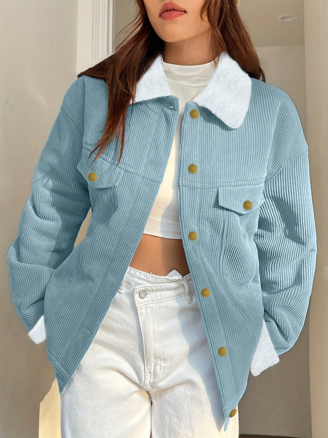 Stylish Autumn and Winter Women's Coat – Solid Color with Collar and Buttons