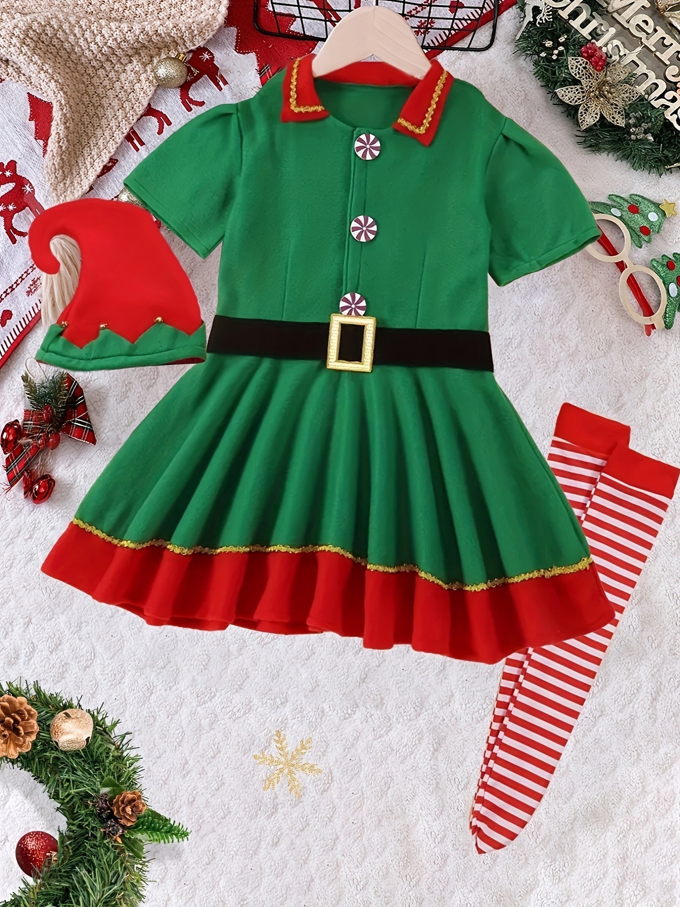 Mila's Magical Christmas Elf Outfit for Kids - Includes Dress, Hat, Socks, and Belt