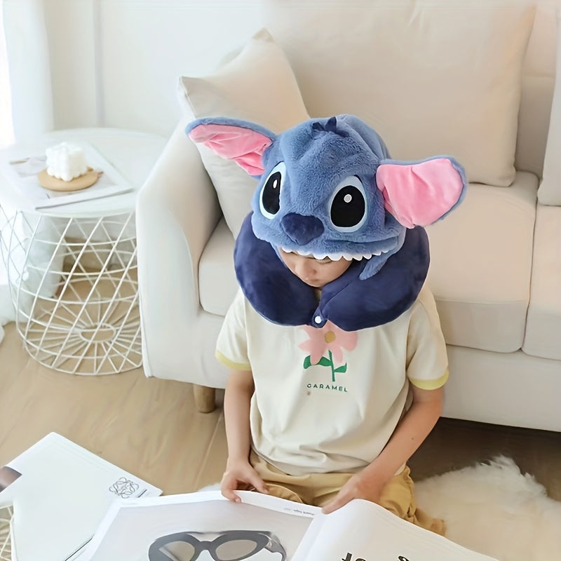 Plush Stitch Travel Neck Pillow with Hood - Comfortable U-Shaped Pillow with Ear Flaps