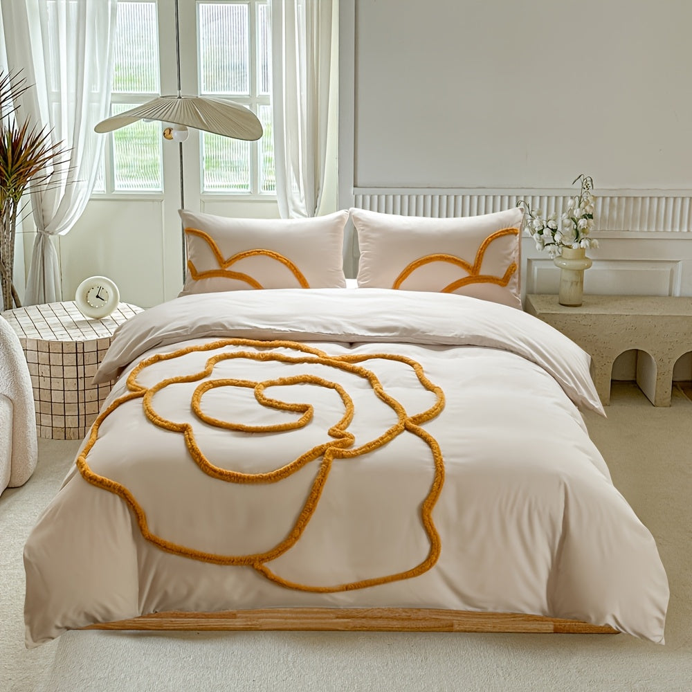 Tufted Bedding Set – Bedspread and Pillow Covers with Large Floral Design