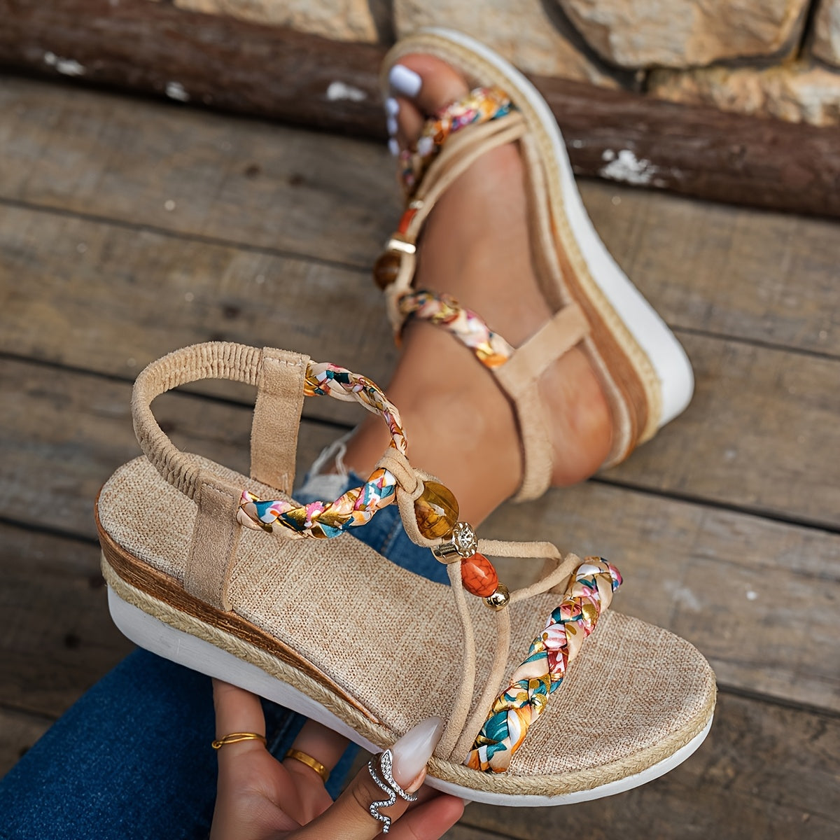 Bohemian handwoven jute wedge sandals with flowers, beads, and adjustable ankle strap