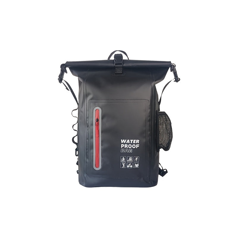 Waterproof 25L Roll-Top Backpack with Multiple Pockets, Sturdy Buckle Seal, and Mesh Side Pocket