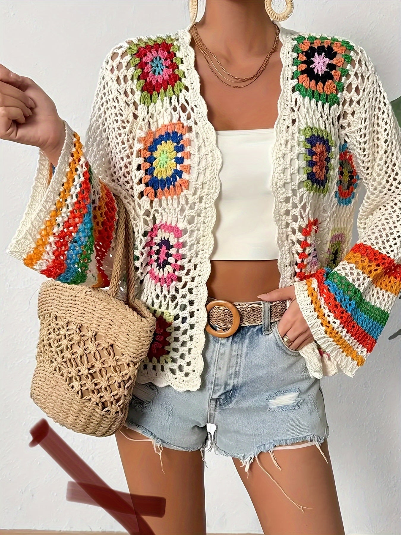 Colorful Crocheted Flower Cardigan – Stylish and Breathable for Spring and Autumn