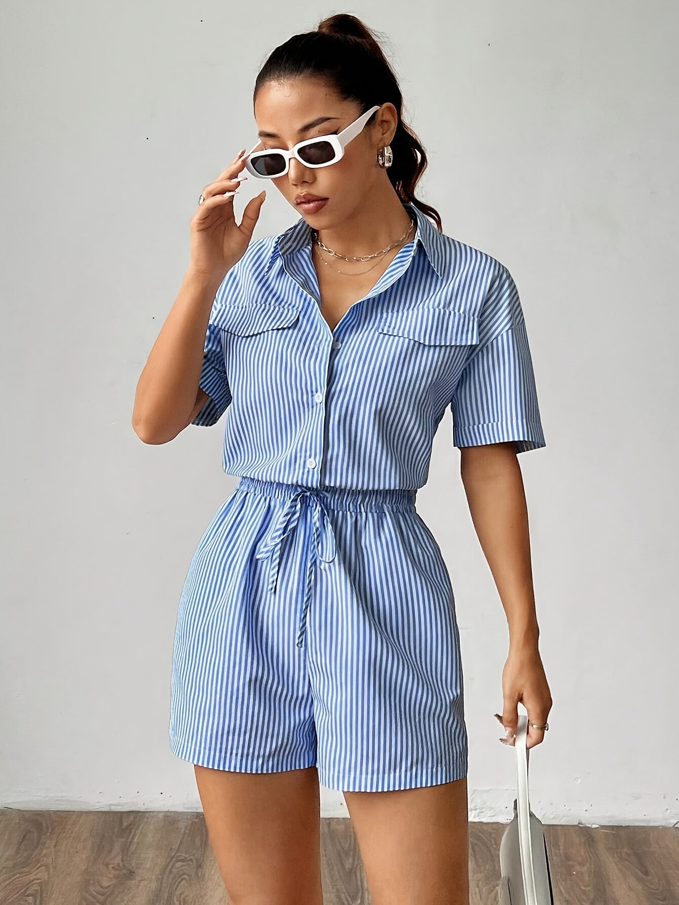 Striped Polyester Jumpsuit for Women – Short Sleeves and Collar for Summer Outfits