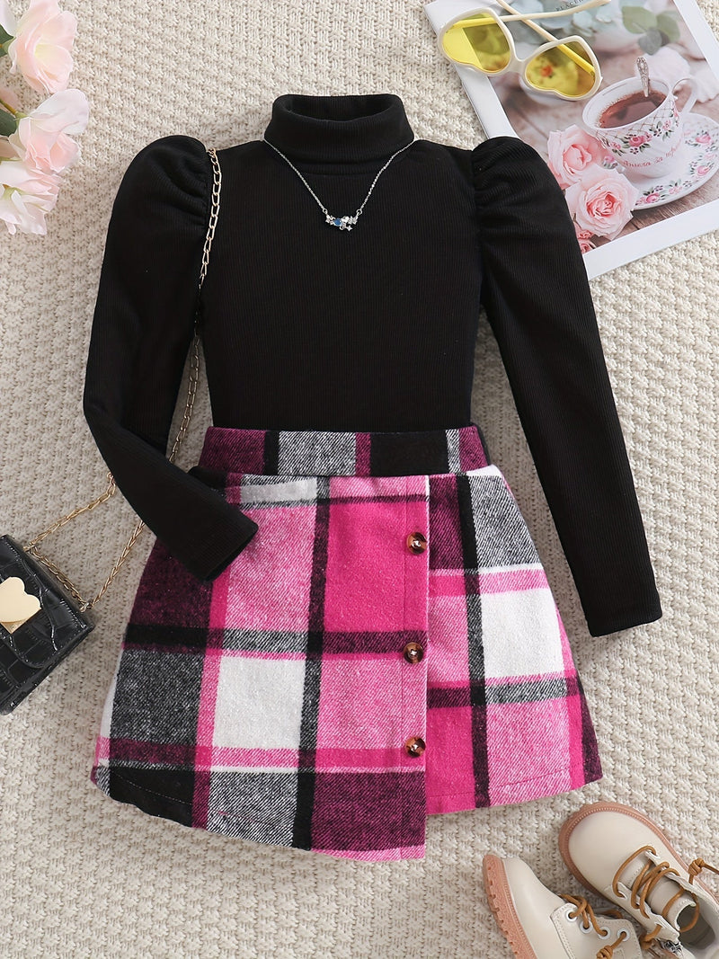 Feline Elegant Turtleneck Outfit for Kids - Checkered Skirt and Sweater Set