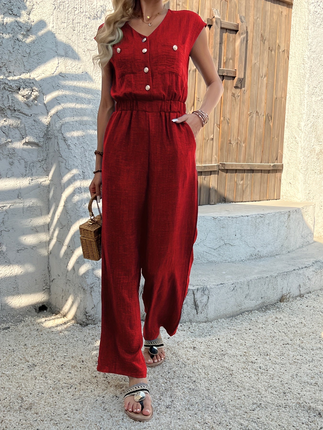 Elegant V-Neck Jumpsuit for Women – High Waist and Casual Style